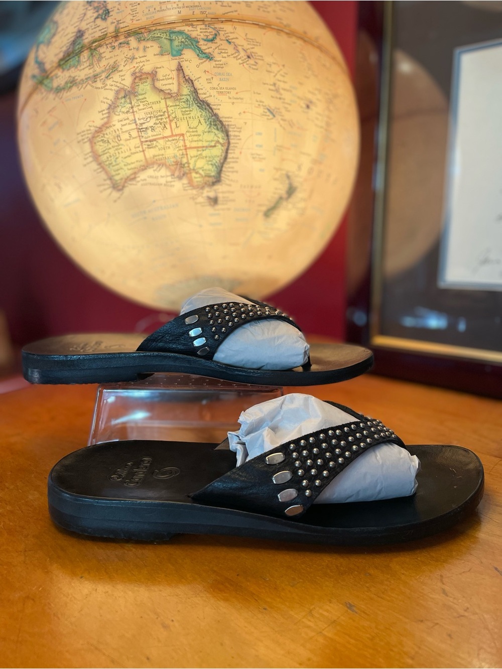 CALLEEN CORDERO Rich Leather Nickel Studded Slide Sandals In Black Made In USA